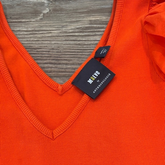Maeve by Anthropologie Puff Sleeved Ribbed V-neck Top Women's Size Small Orange - Picture 2 of 7